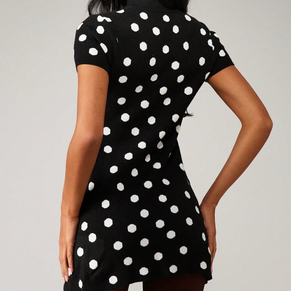 Black And White Polka Dot Casual Women's Mini Dress - Picture 2 of 6